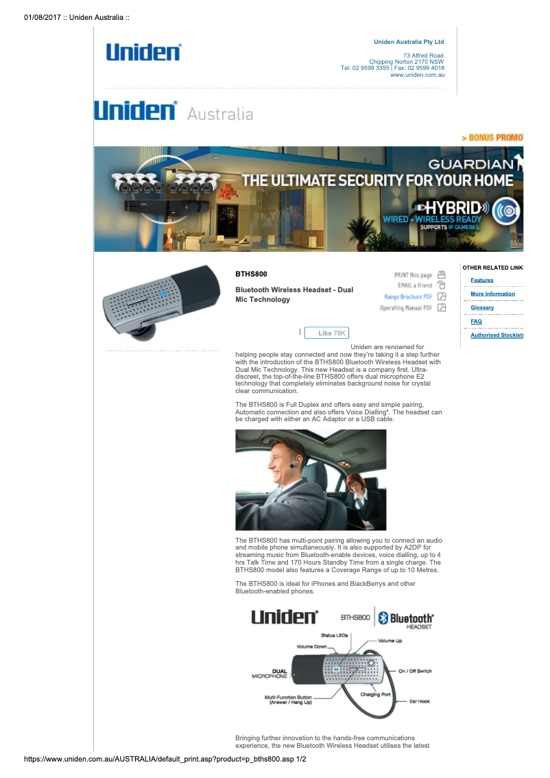 Página 1 del manual Manual de usuario Uniden BTHS 800