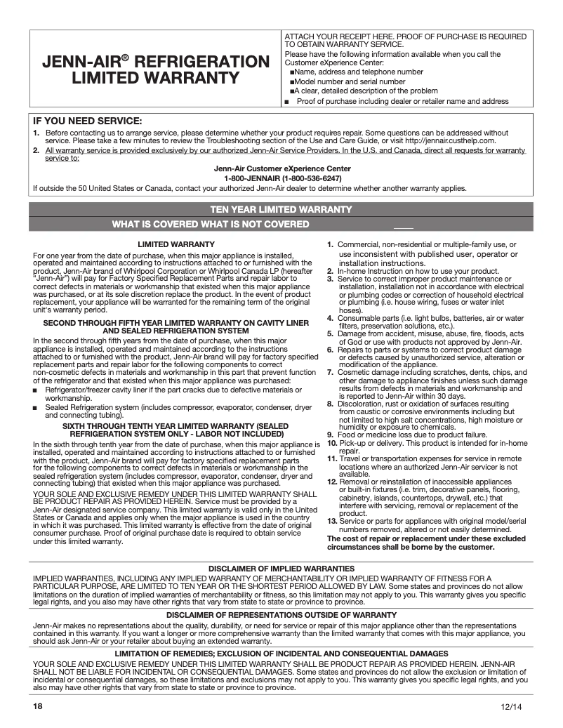 Página 1 del manual Información de garantía JennAir JFC2290RTB