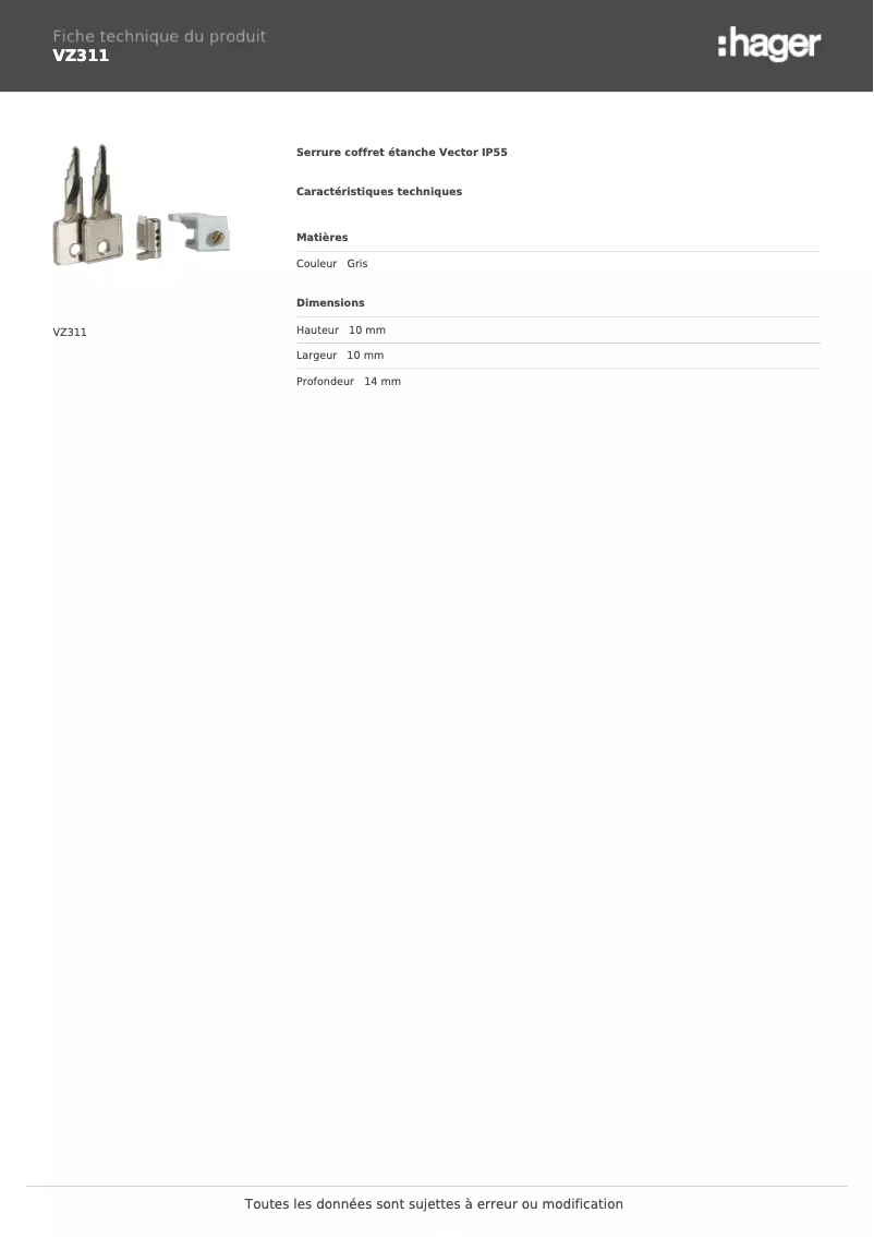 Página 1 del manual Ficha técnica Hager VZ311