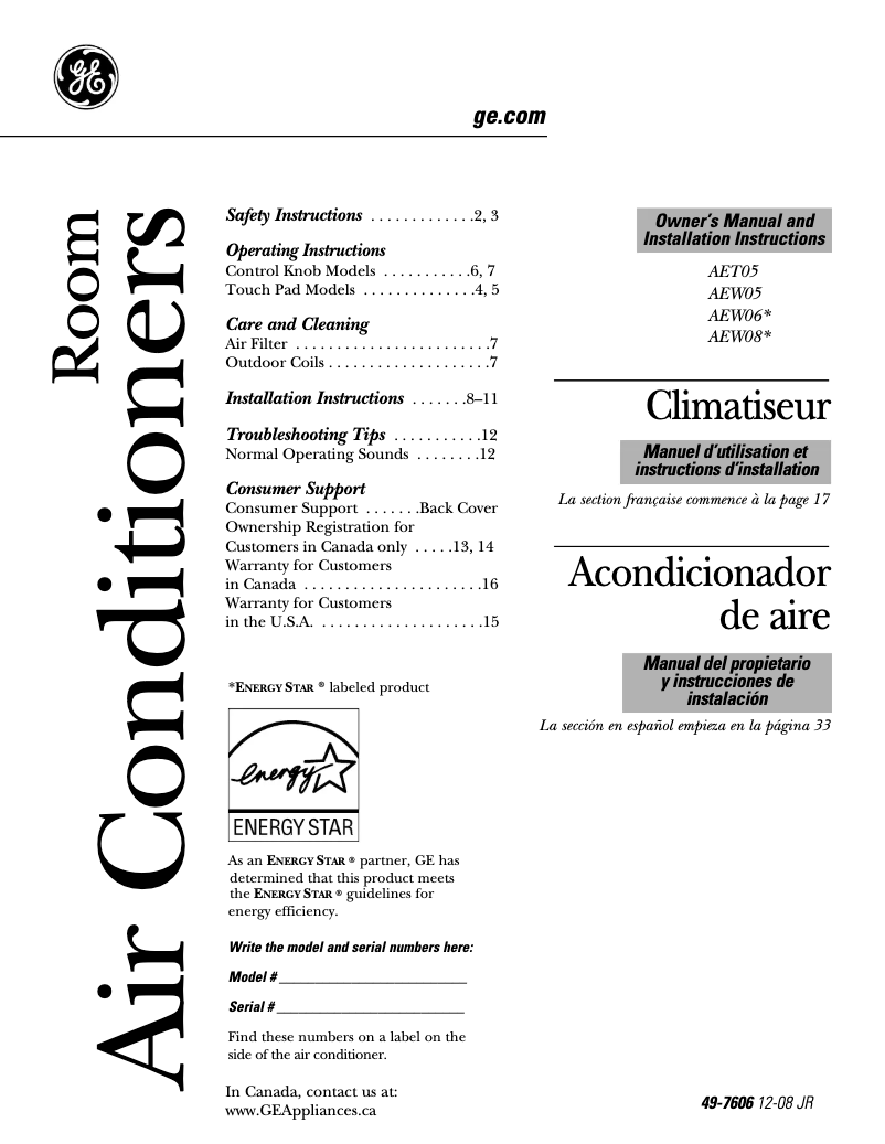 Página 1 del manual Guía de instalación GE AEW08FM