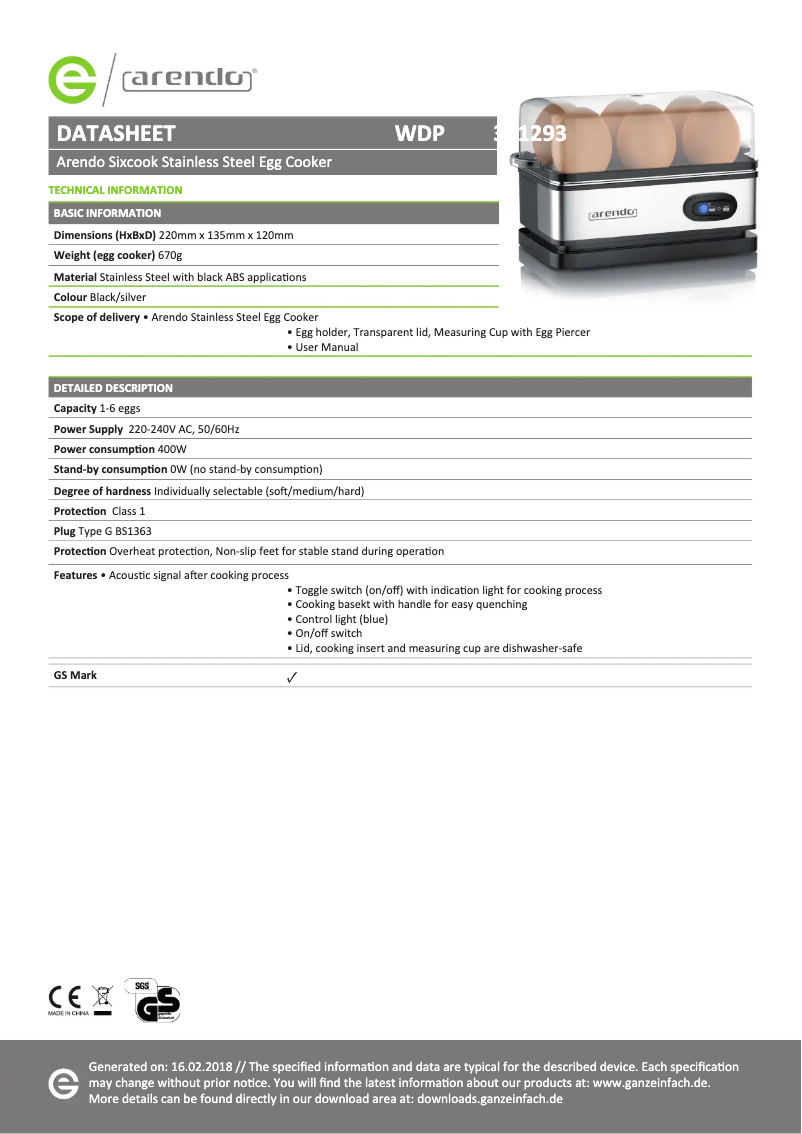 Página 1 del manual Ficha técnica Arendo SIXCOOK 301293