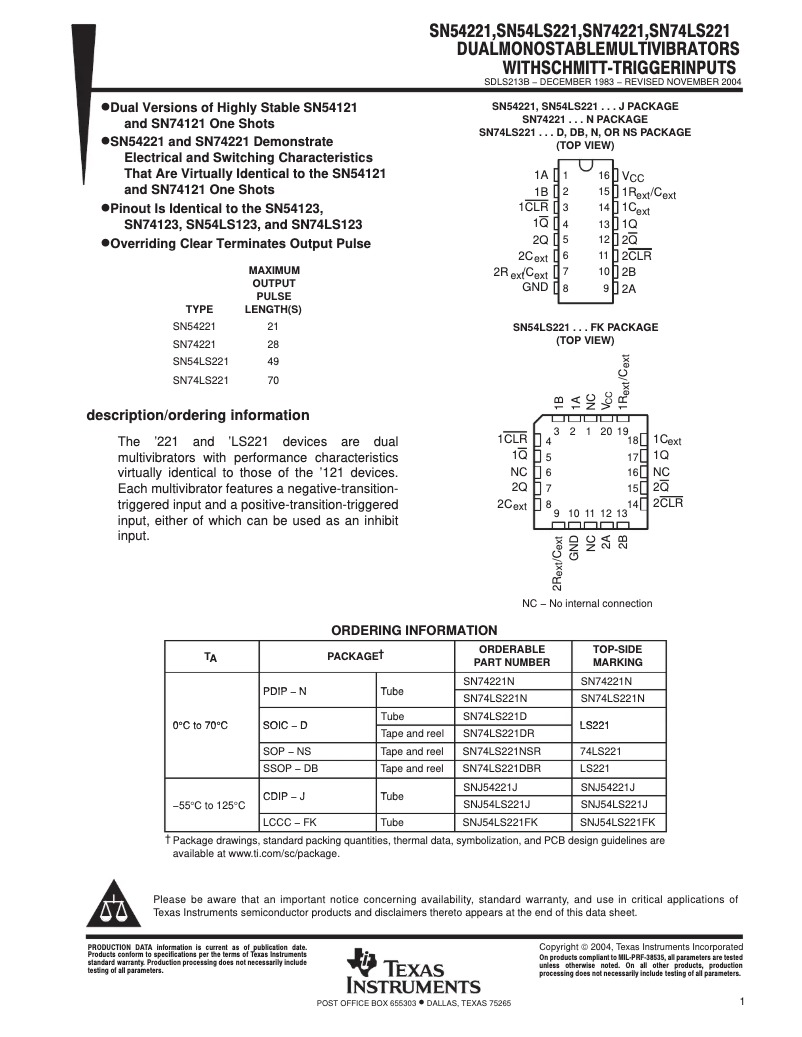 Página 1 del manual Manual de usuario Texas Instruments SN74221N