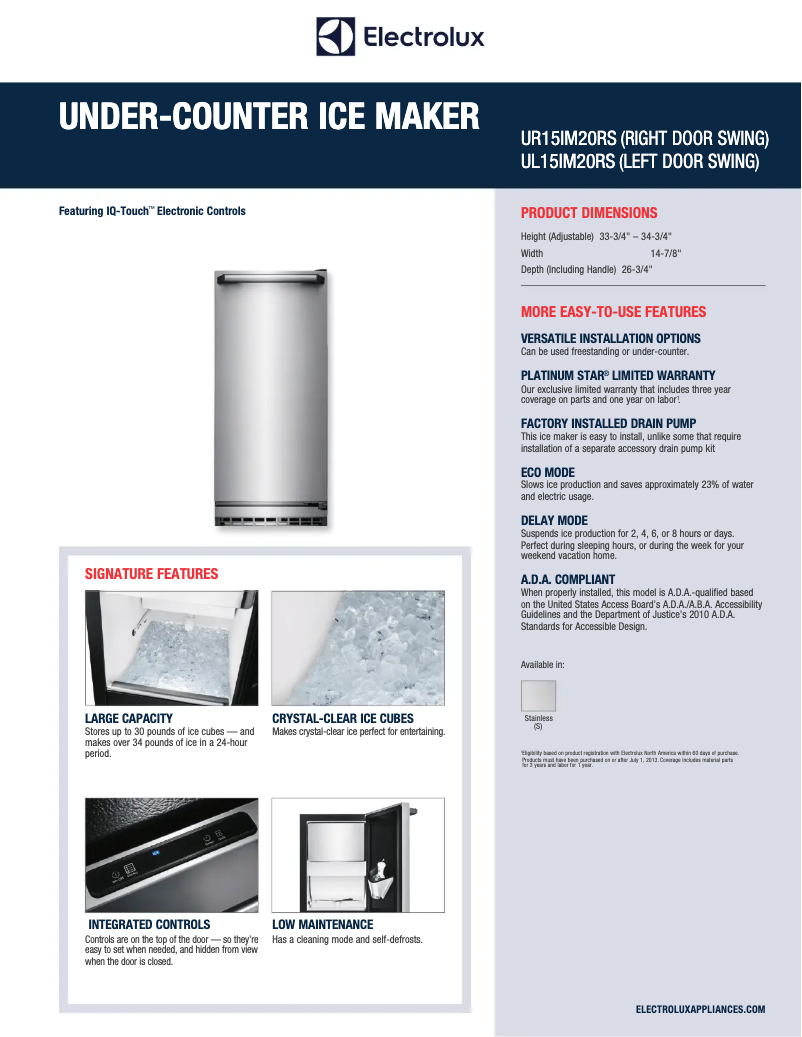 Página 1 del manual Ficha técnica Electrolux UR15IM20R