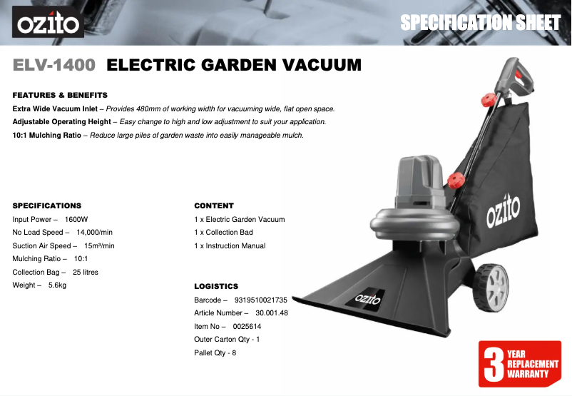 Página nº 1 - Ficha técnica Ozito ELV-1400