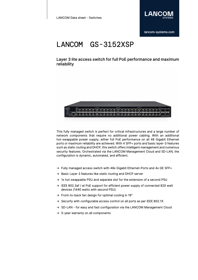 Página 1 del manual Ficha técnica Lancom GS-3152XSP