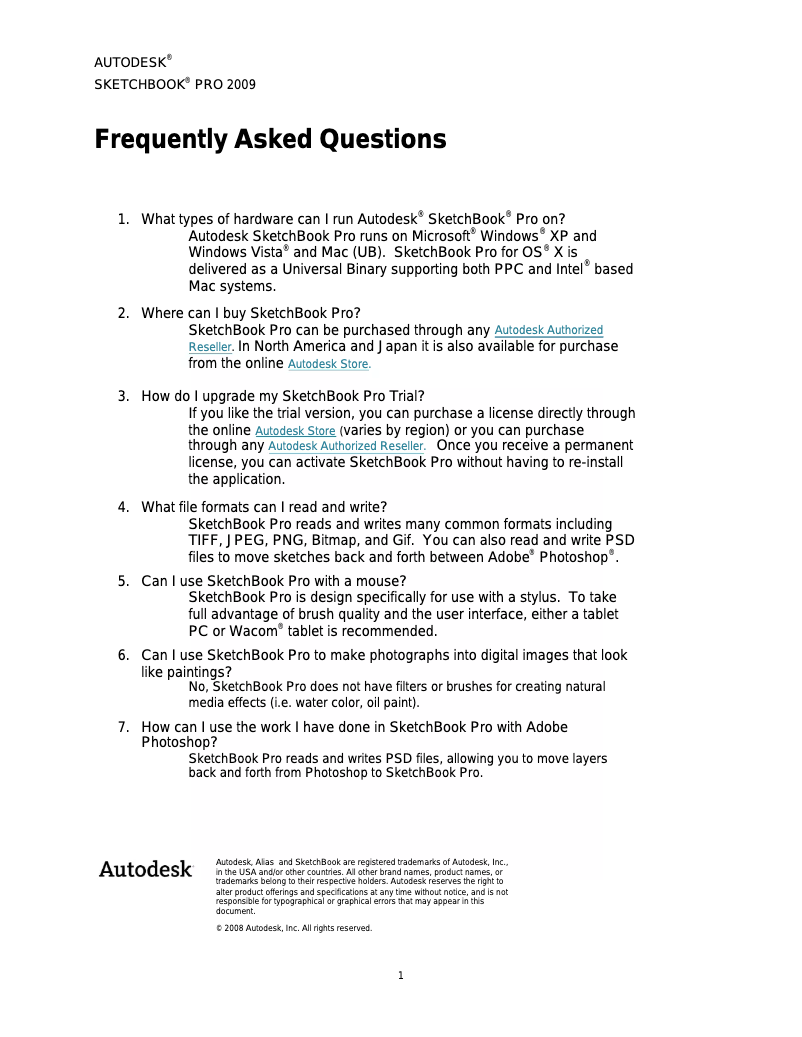 Imagen de la primera página del manual del dispositivo SketchBook Pro 2010