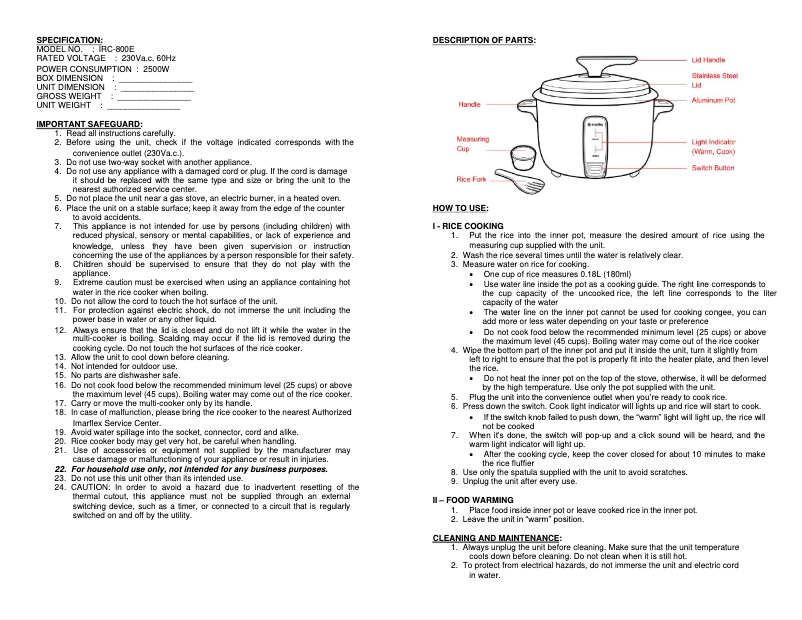 Imagen de la primera página del manual del dispositivo IRC-800E