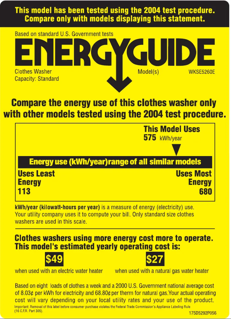 Página 1 del manual Etiqueta energética GE WKSE5260EWW