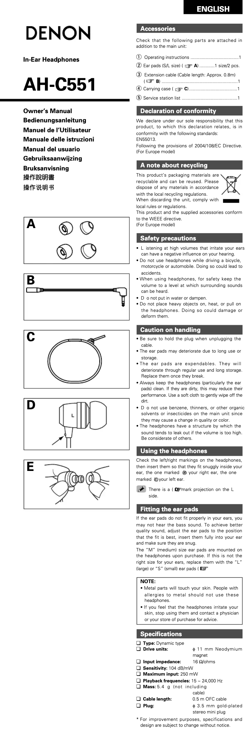 Página 1 del manual Manual de usuario Denon AH-C551