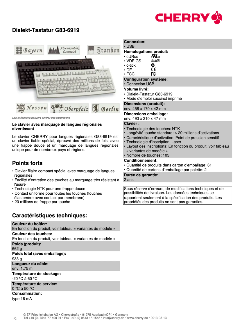 Página 1 del manual Ficha técnica Cherry Dialekt-Tastatur G83-6919