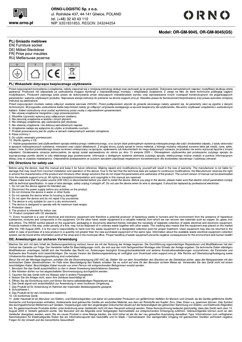 Imagen de la primera página del manual del dispositivo OR-GM-9045