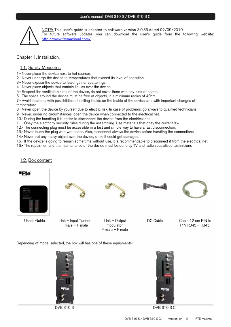 Imagen de la primera página del manual del dispositivo DVB 310 S CI