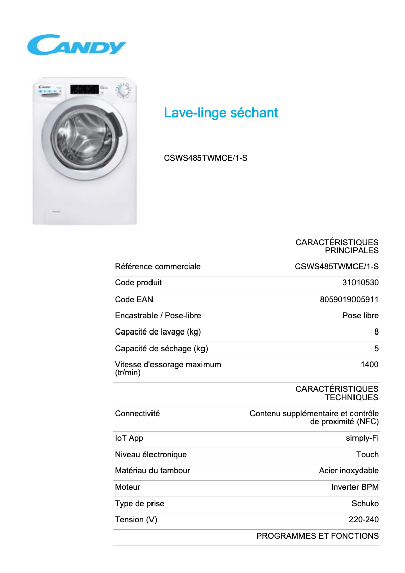 Página 1 del manual Ficha técnica Candy CSWS485TWMCE/1-S