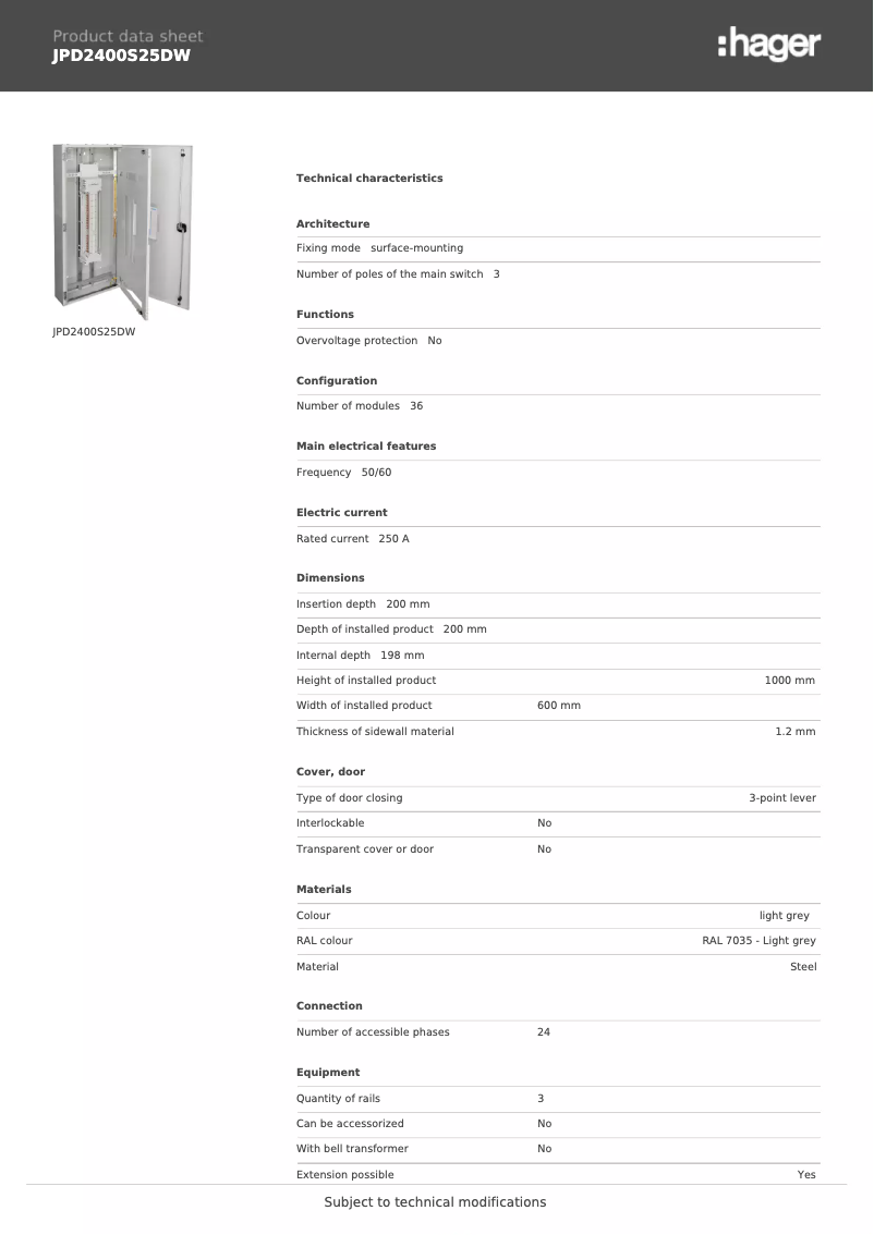 Página 1 del manual Ficha técnica Hager JPD2400S25DW