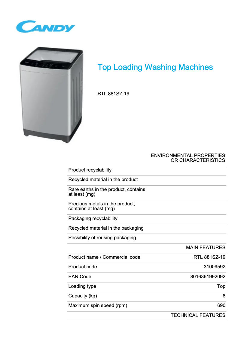 Página 1 del manual Ficha técnica Candy RTL 881SZ-19