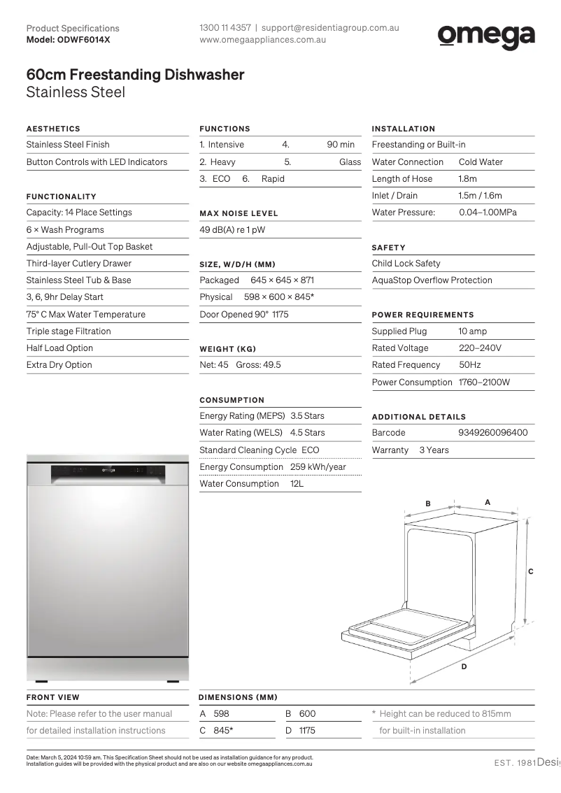 Imagen de la primera página del manual del dispositivo ODWF6014X