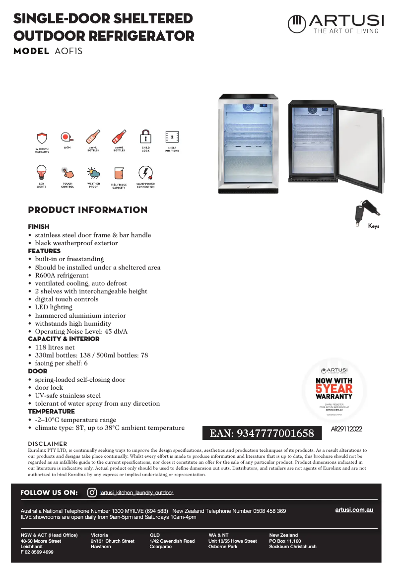 Página 1 del manual Ficha técnica Artusi AOF1S