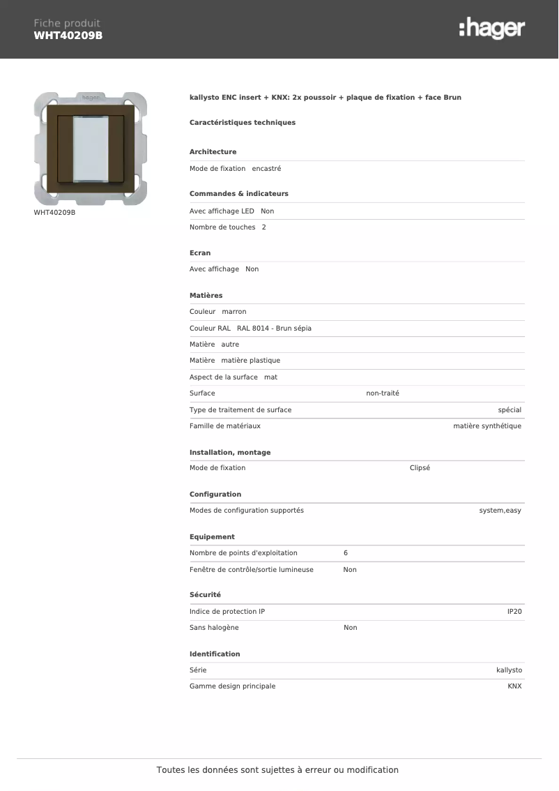 Página 1 del manual Ficha técnica Hager WHT40209B