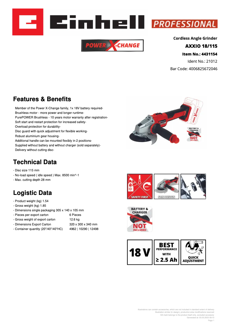 Página 1 del manual Ficha técnica Einhell AXXIO 18/115