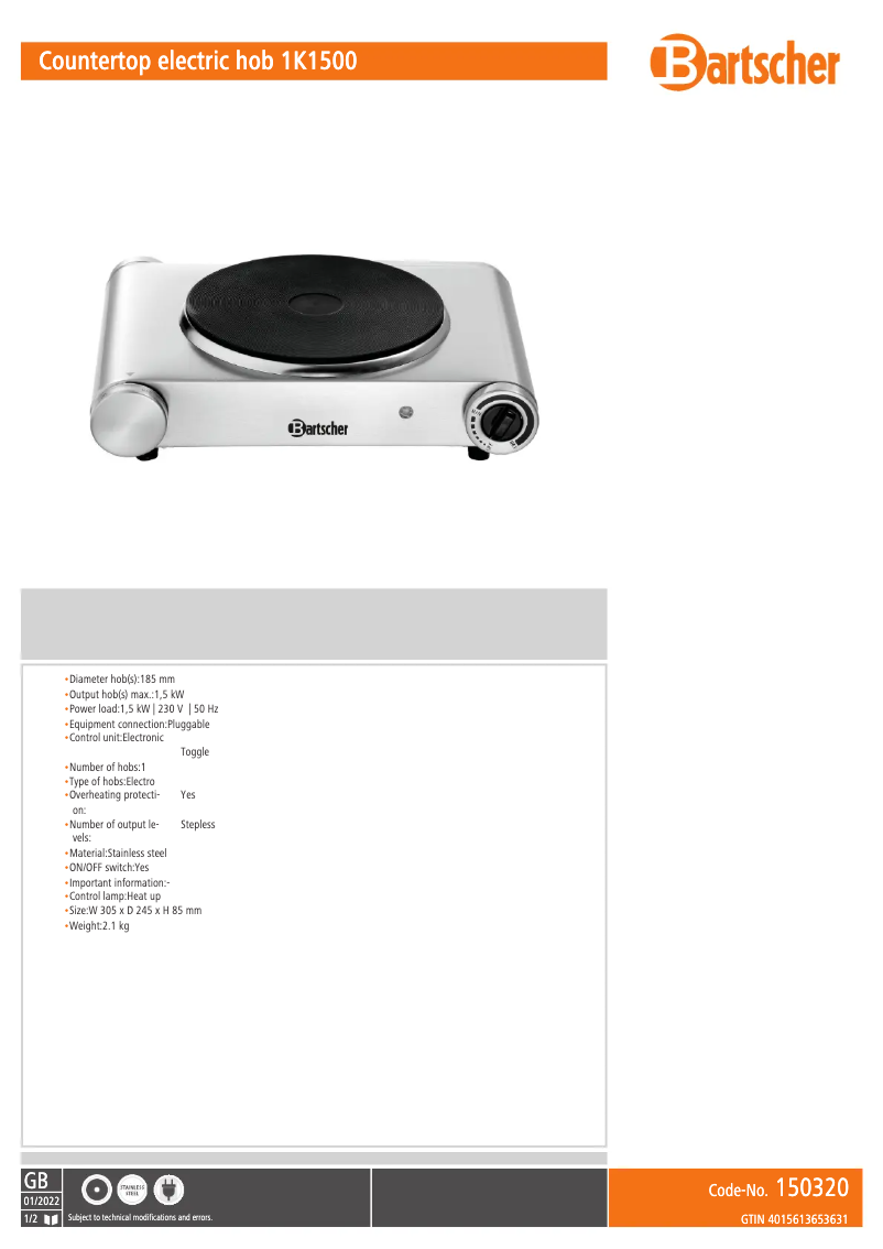 Página 1 del manual Ficha técnica Bartscher 150320