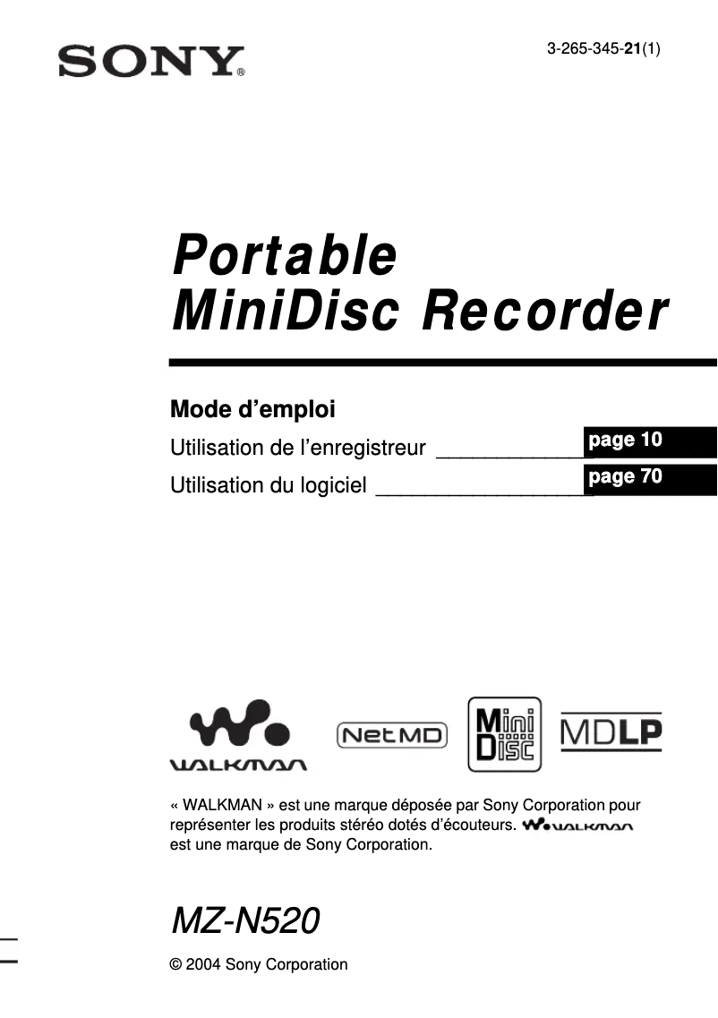 Imagen de la primera página del manual del dispositivo MZ-N520