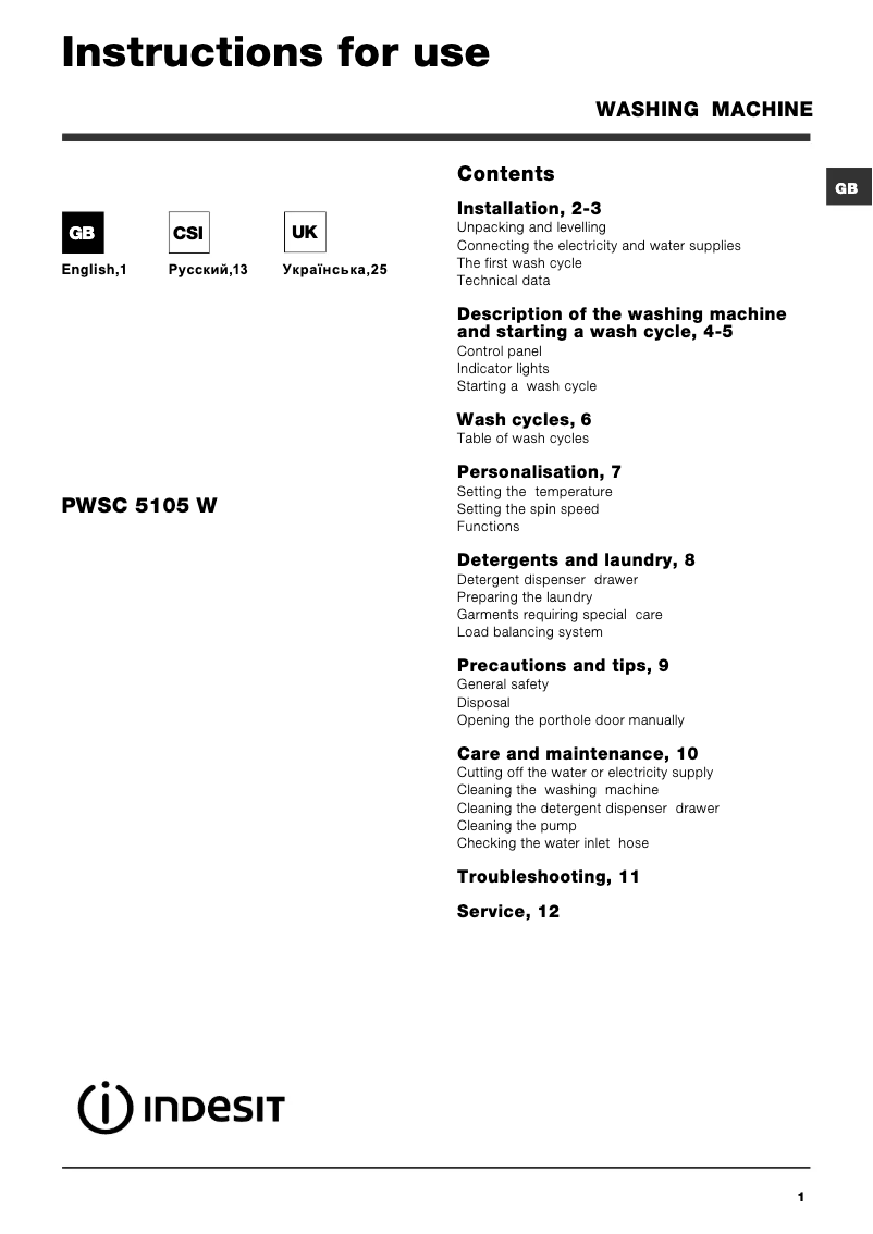 Página 1 del manual Manual de usuario Indesit PWSC 5105 W