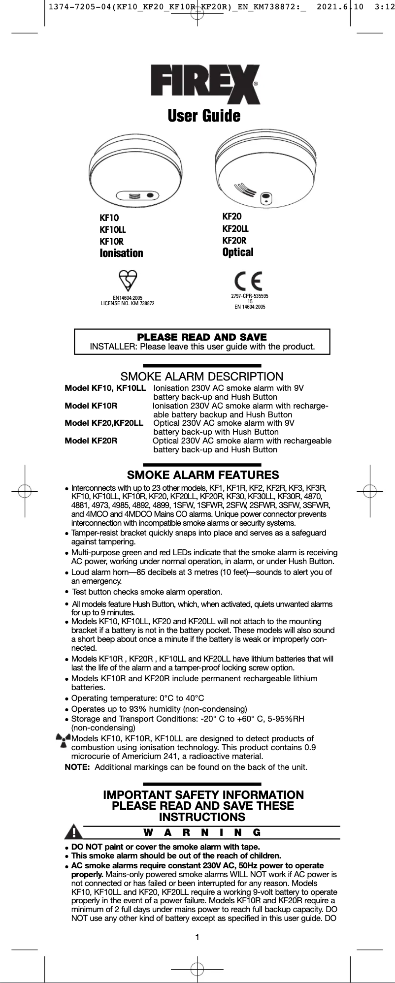 Imagen de la primera página del manual del dispositivo KF20R