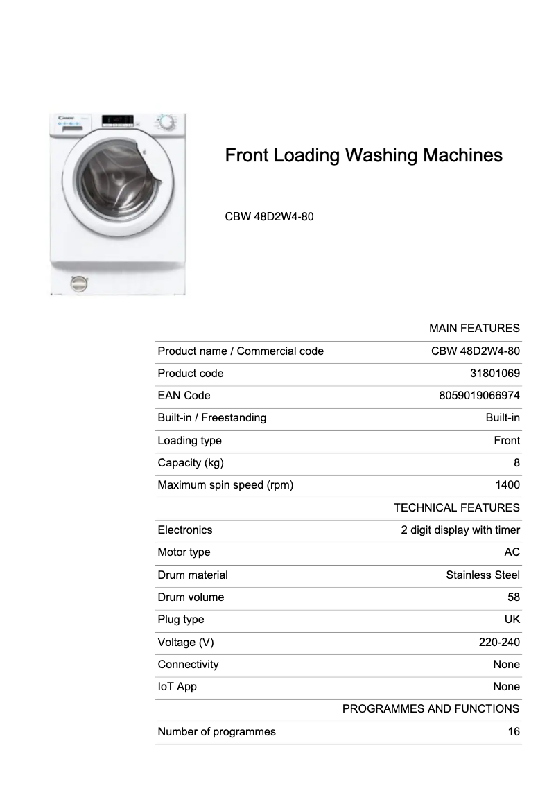 Página 1 del manual Ficha técnica Candy CBW 48D2W4-80