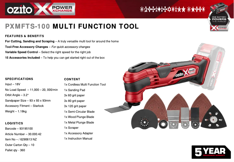 Página 1 del manual Ficha técnica Ozito PXMFTS-100
