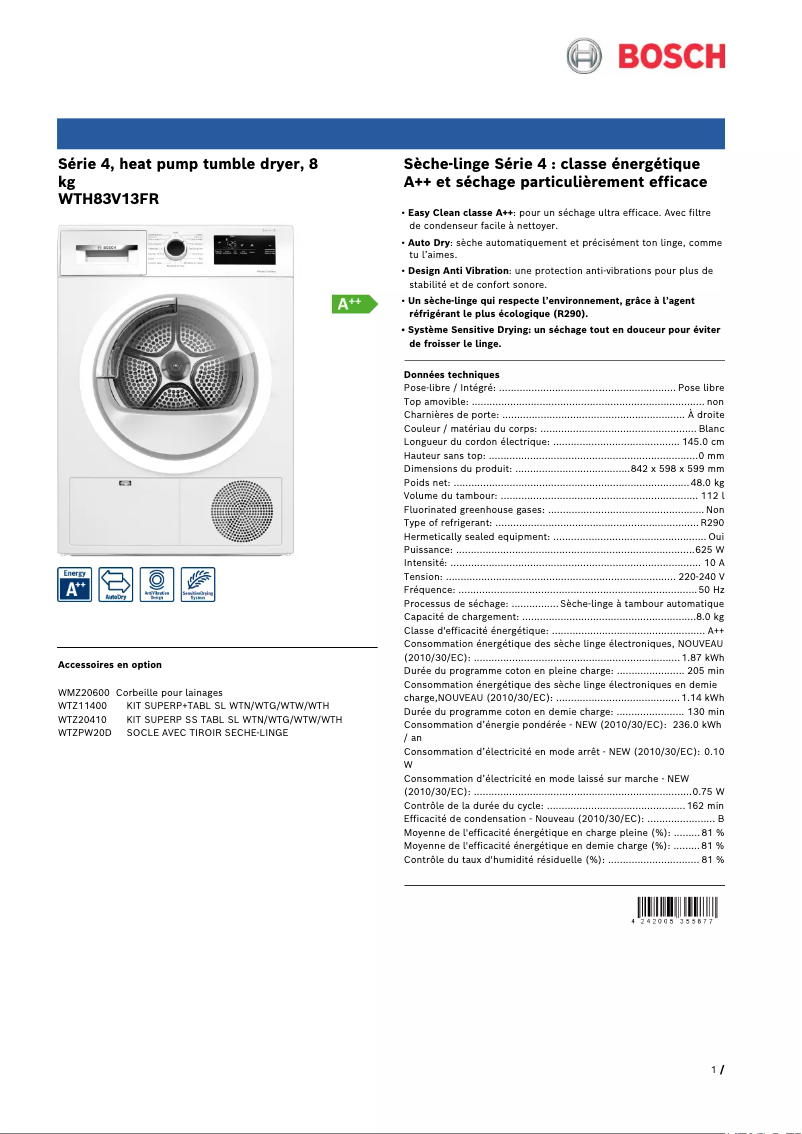 Página 1 del manual Ficha técnica Bosch WTH83V13FR