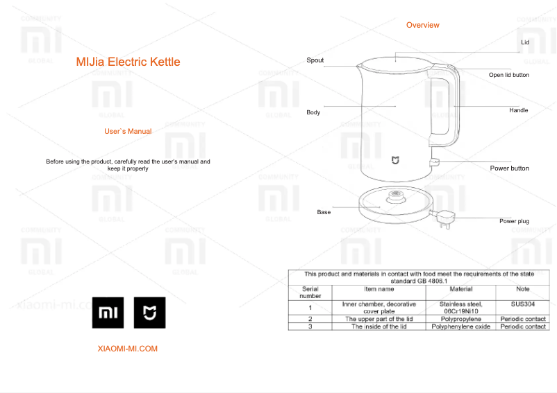 Imagen de la primera página del manual del dispositivo MiJia Electric Kettle