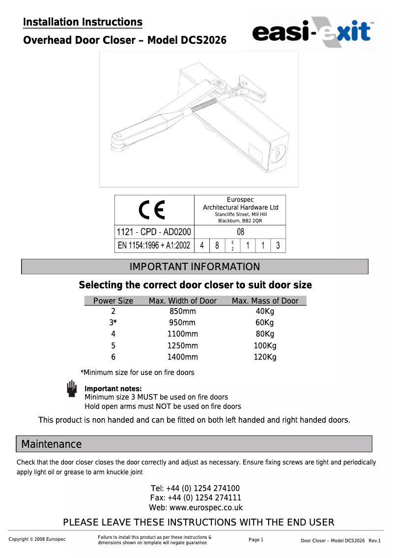 Imagen de la primera página del manual del dispositivo Easi-Exit DCS2026