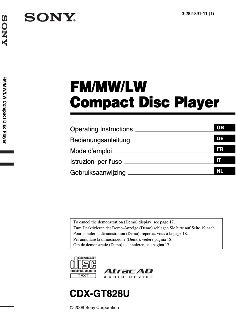 Imagen de la primera página del manual del dispositivo CDX-GT828