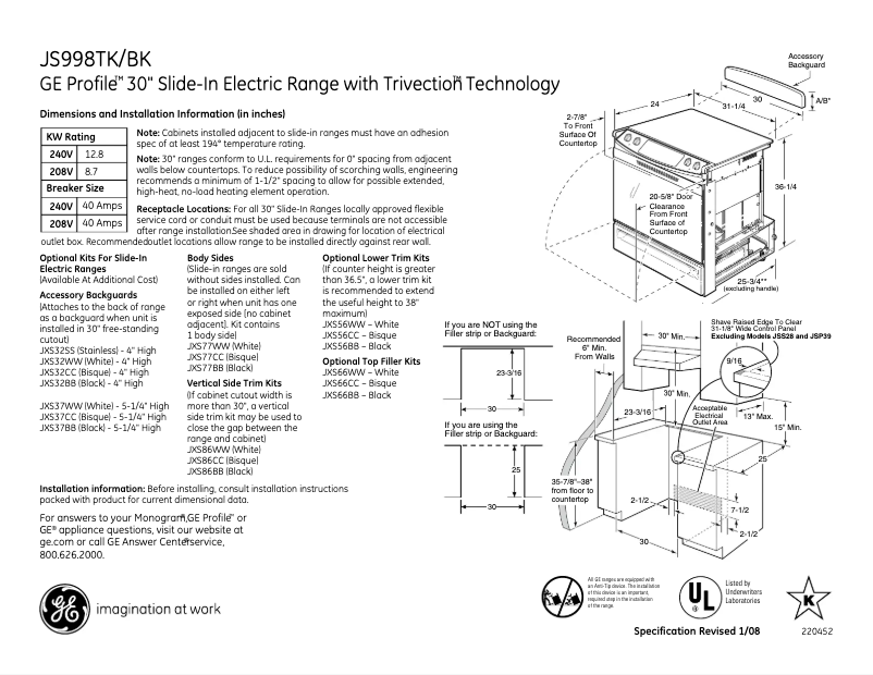 Imagen de la primera página del manual del dispositivo Profile JS998TKWW