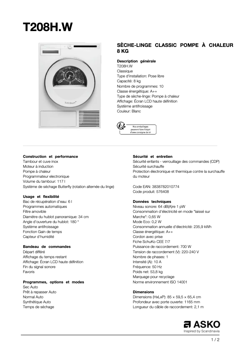 Página 1 del manual Ficha técnica Asko T208H