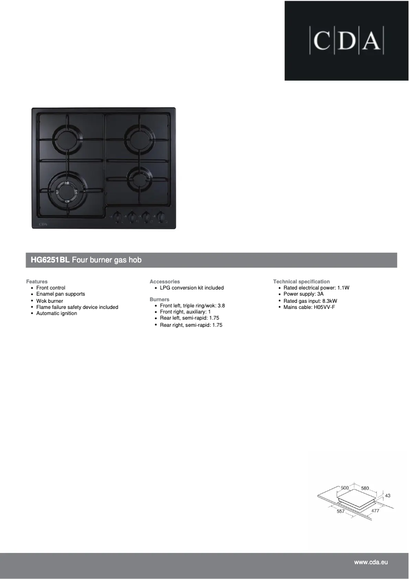 Página 1 del manual Ficha técnica CDA HG6251BL