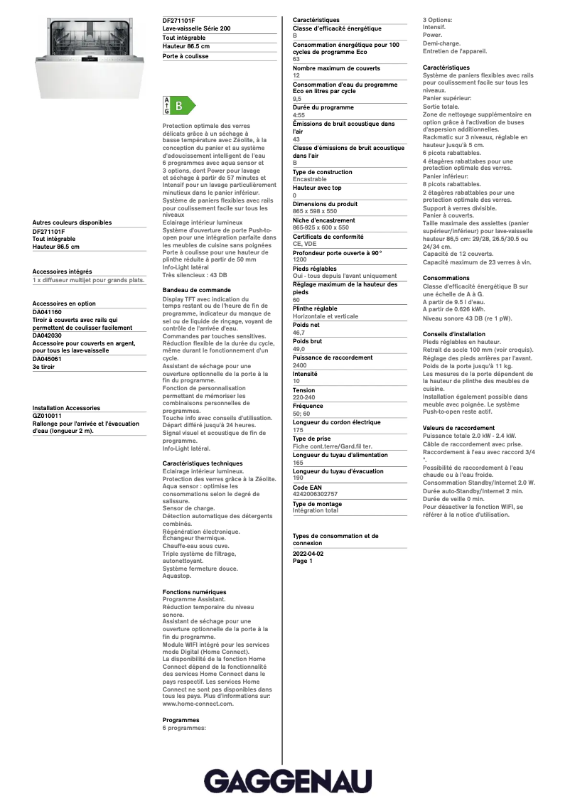 Página 1 del manual Ficha técnica Gaggenau DF271101F