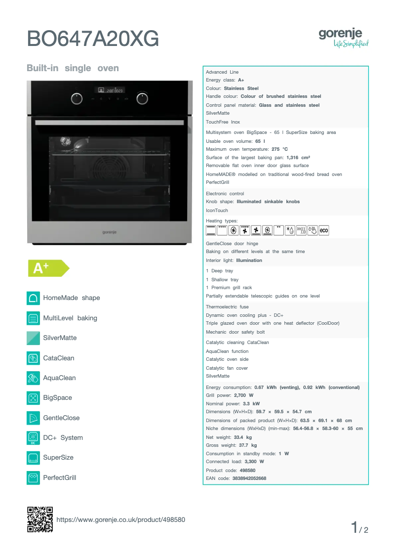 Página 1 del manual Ficha técnica Gorenje BO647A20XG