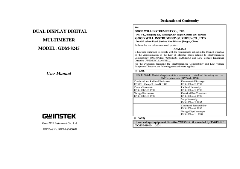 Imagen de la primera página del manual del dispositivo GDM-8245