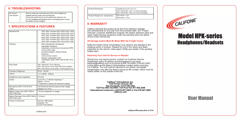 Página nº 1 - Manual de usuario Califone HPK-1000