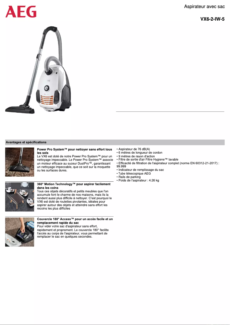 Página 1 del manual Ficha técnica AEG VX6