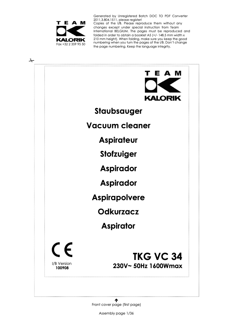 Imagen de la primera página del manual del dispositivo TKG VC 34