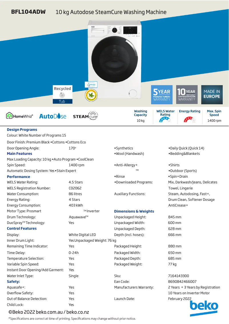 Página 1 del manual Ficha técnica Beko BFL104ADW