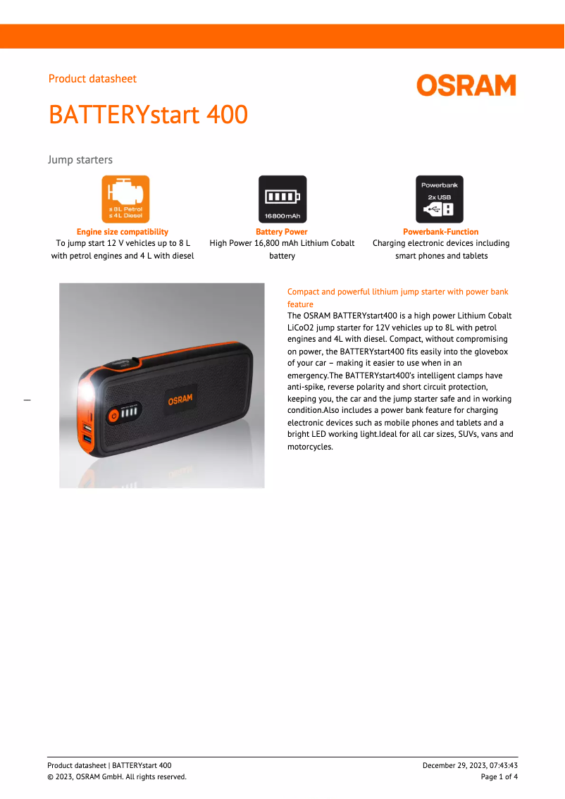 Página 1 del manual Ficha técnica Osram BATTERYstart 400