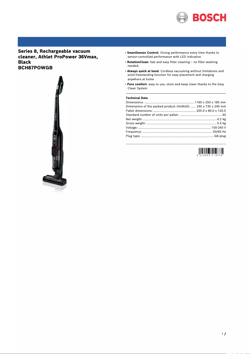 Página 1 del manual Ficha técnica Bosch BCH87POWGB