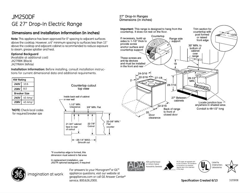 Página 1 del manual Ficha técnica GE JM250DFWW