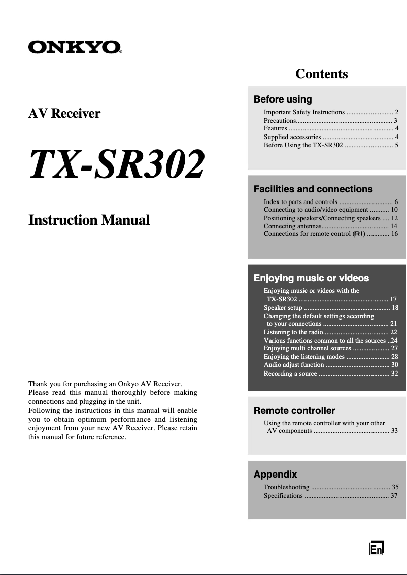 Imagen de la primera página del manual del dispositivo TX-SR302