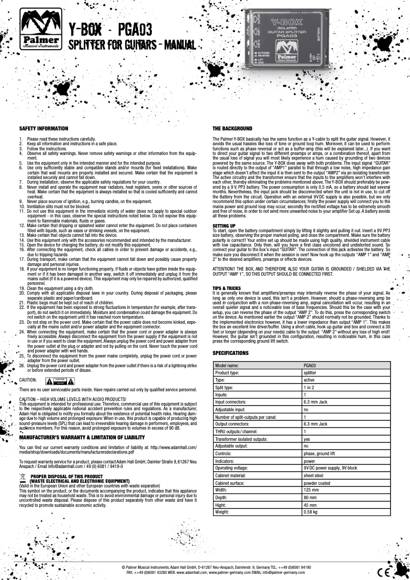 Página 1 del manual Manual de usuario Palmer GA 03