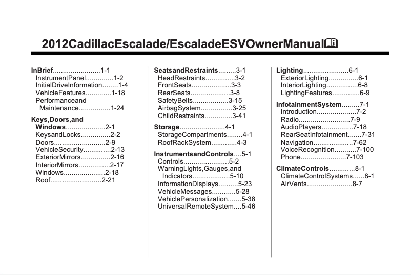 Imagen de la primera página del manual del dispositivo Escalade (2012)
