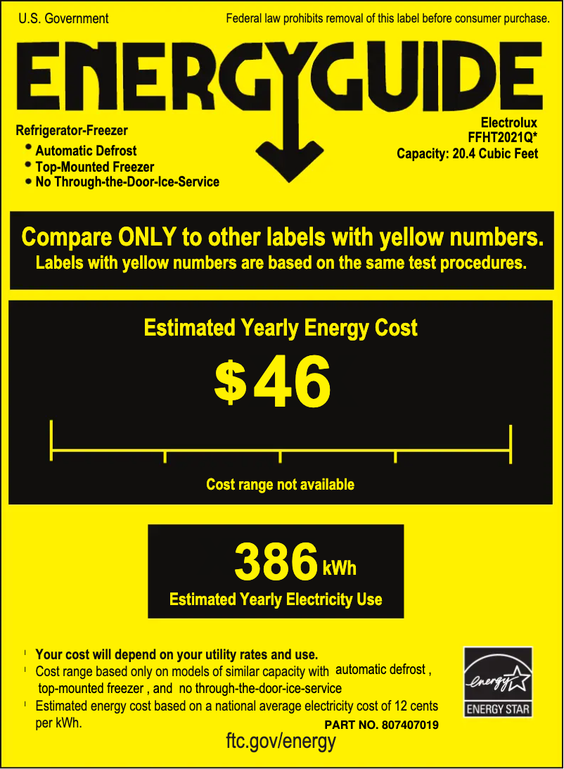 Página 1 del manual Etiqueta energética Frigidaire FFHT2021Q